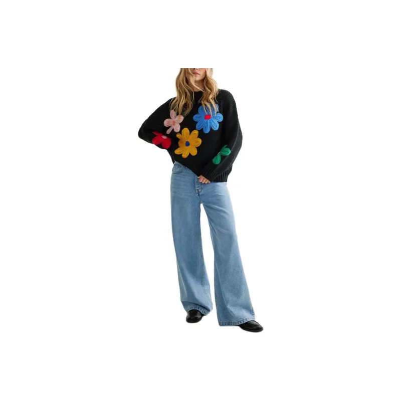 NASTY GAL Chunky Knit Flower Detail Crew Neck Jumper Knitwear Women's Black-0