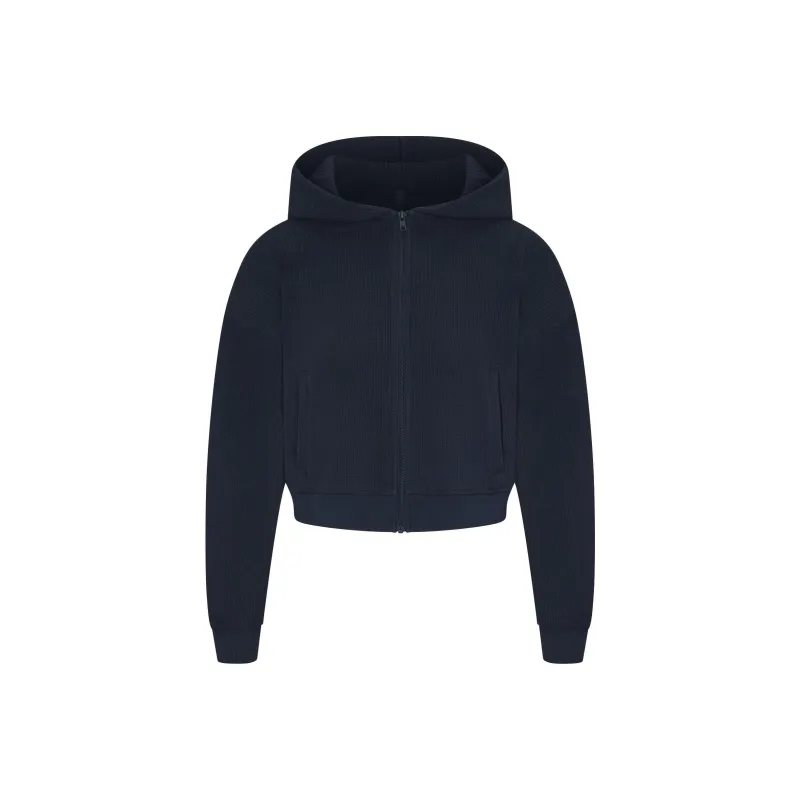 SKIMS FW24 HEAVY WAFFLE CROPPED ZIP UP HOODIE Sweatshirt Women's NAVY/Marine Blue-0
