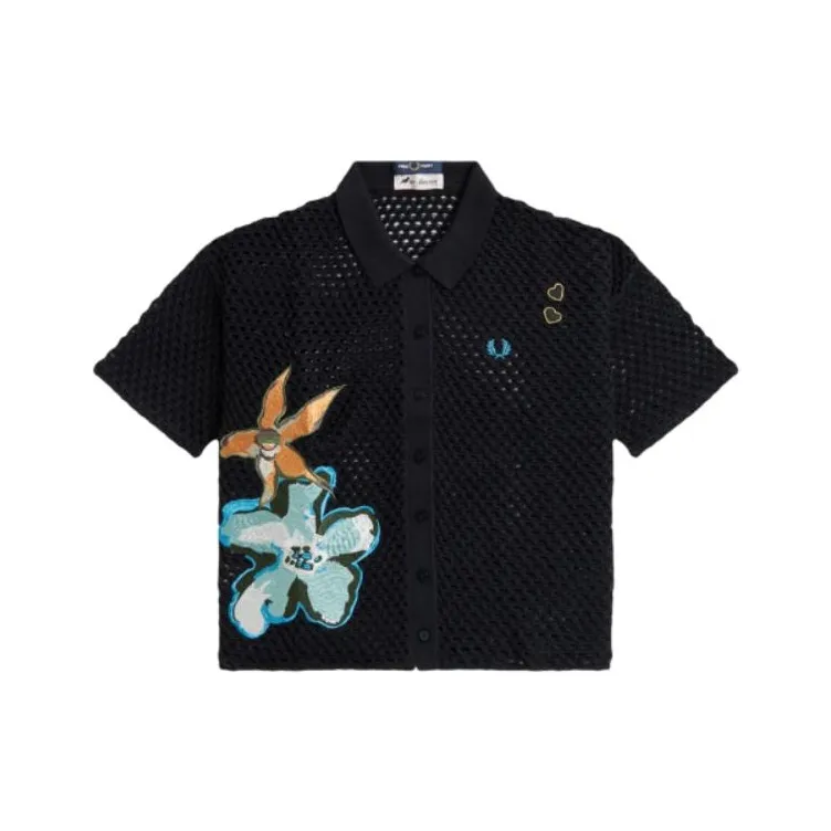 FRED PERRY Embroidered Open Knit Shirt Women's Black-0