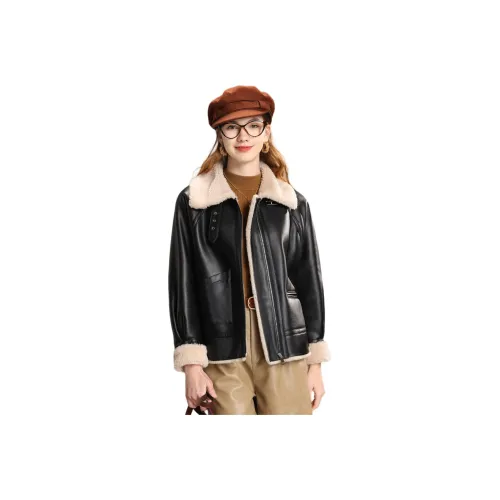 FENHONGMALI Jackets Coats Women's Oatmeal/Black