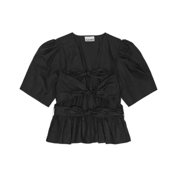 GANNI Bow Detailed Puff Sleeved Blouse