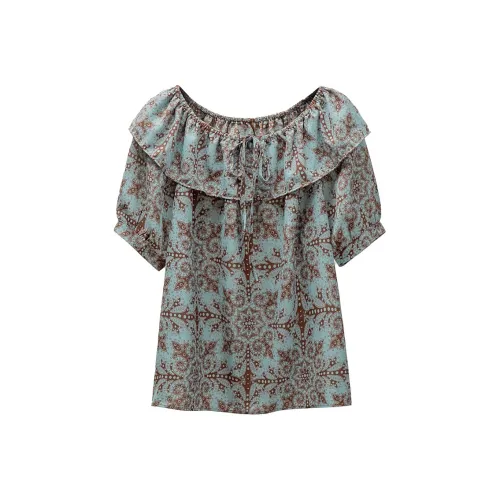 Cypress House Shirt Women's Blue Green Base With Dark Coffee Floral
