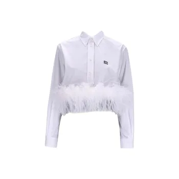 MIU MIU Button Up Cropped Feather Trim Shirt