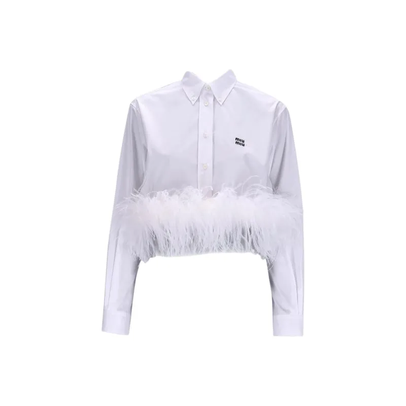 MIU MIU Button Up Cropped Feather Trim Shirt-0