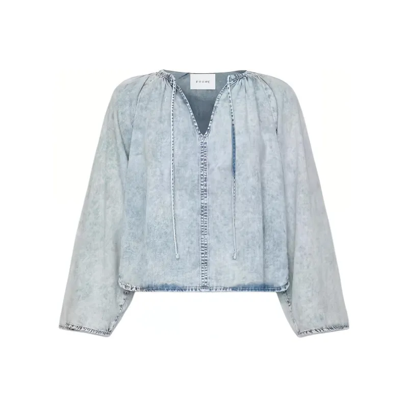 FRAME Shirred Denim Blouse-0