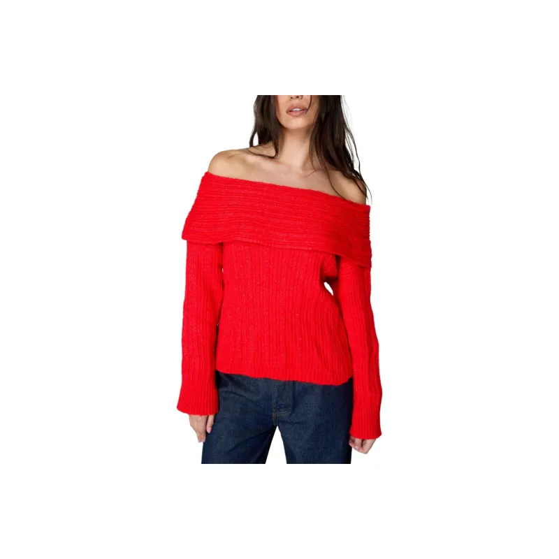 NASTY GAL Knitted Off The Shoulder Long Sleeve Top Knitwear Women's Red-0