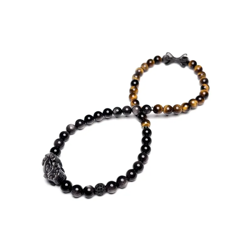 MOUNTAINS AND MANS Natural Obsidian New Chinese Style Stackable Good Luck Beaded Bracelet Men's-4