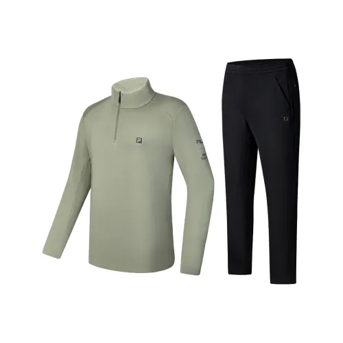 FILA Casual Sportswear Men Set Yuncong Green T Shirt+Pitch Black Pants
