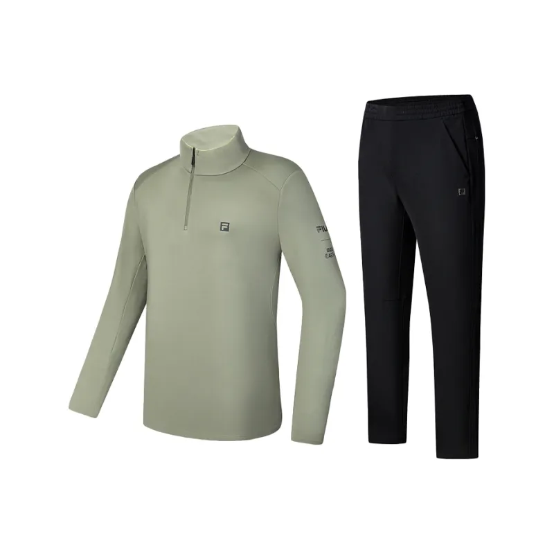 FILA Casual Sportswear Men Clothing Sets Cloud Green T Shirt+Pitch Black Pants-0