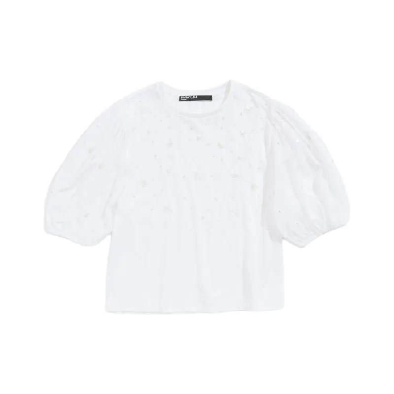 BIMBA Y LOLA Solid Color Crew Neck Rhinestone Short-Sleeved Cropped T-Shirt Women's White-0