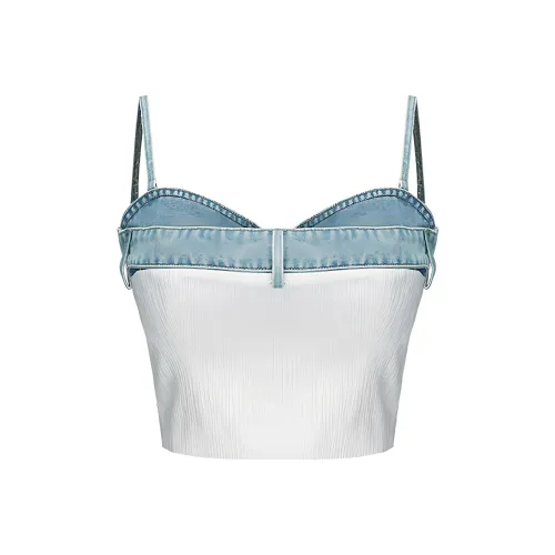 GIMING Color Block Textured Camisole Strapless Top Women's Blue White