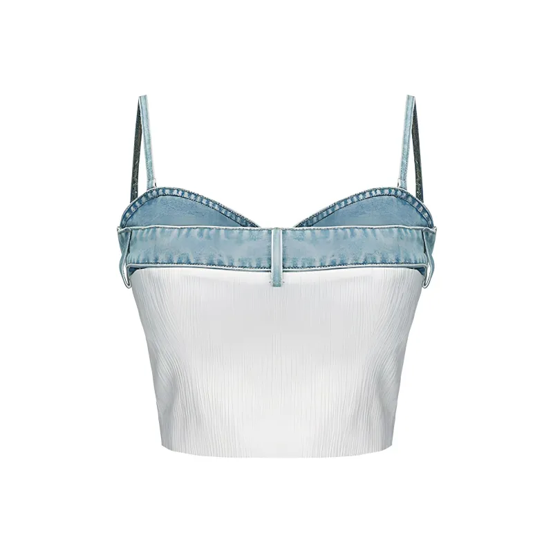 GIMING Color Block Textured Camisole Strapless Top Women's Blue White-0