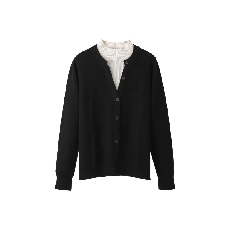 Fstudio Fall And Winter Korean Style Mock Two Piece V Neck Knitwear Design Sweater Unisex Black-0