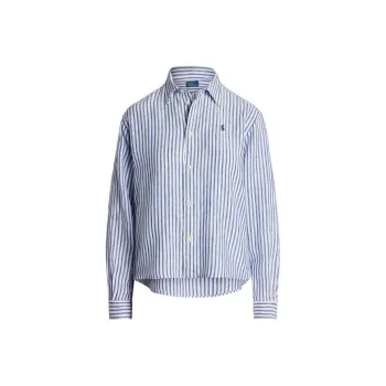 Polo Ralph Lauren Wide Cropped Striped Linen Shirt White Blue