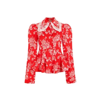 Selkie Collection SS25 Shirt Women's Red Background With Rose Print
