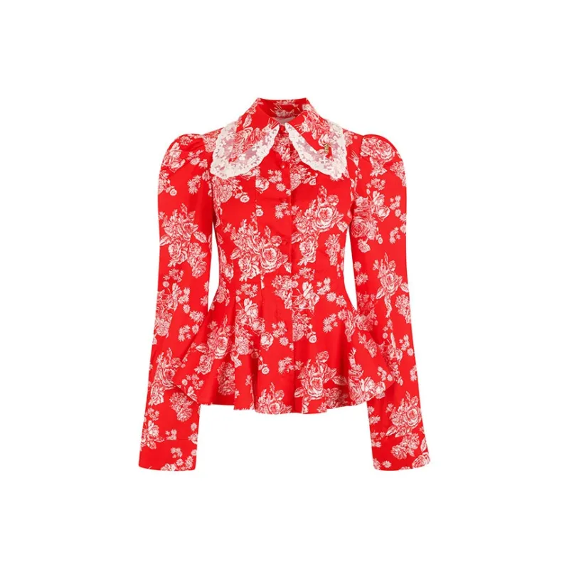 Selkie Collection SS25 Shirt Women's Red Background With Rose Print-0