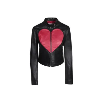 MOSCHINO Heart-Printed Zipped Leather Jacket