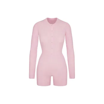 SKIMS WAFFLE BUTTON UP HENLEY ONESIE Bodysuits Women's CHERRY BLOSSOM/Cherry Blossom Pink