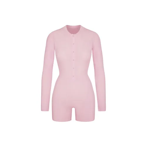 SKIMS WAFFLE BUTTON UP HENLEY ONESIE Bodysuits Women's CHERRY BLOSSOM/Cherry Blossom Pink