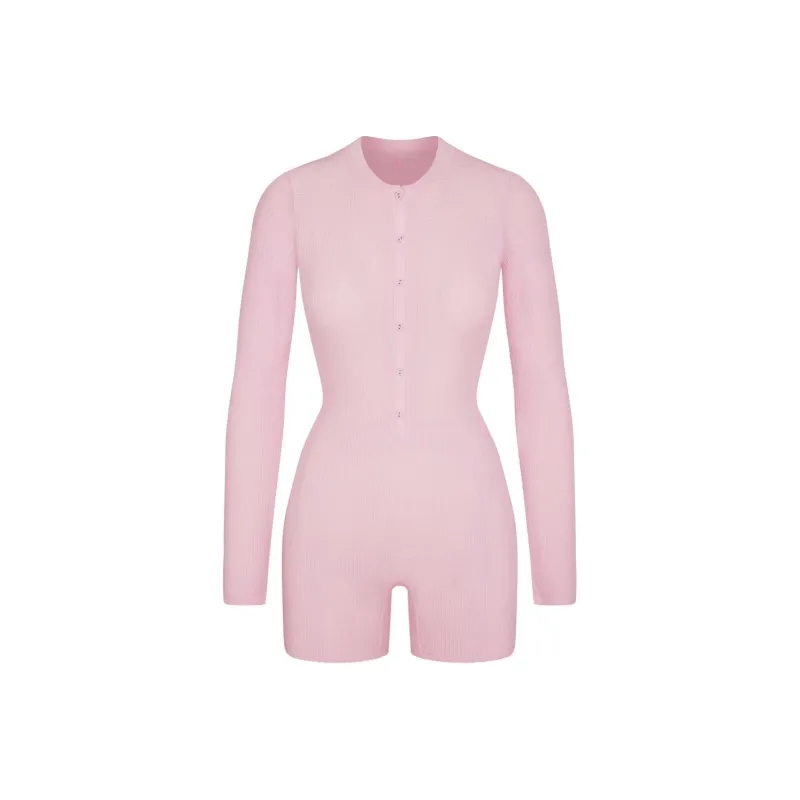 SKIMS WAFFLE BUTTON UP HENLEY ONESIE Bodysuits Women's CHERRY BLOSSOM/Cherry Blossom Pink-0