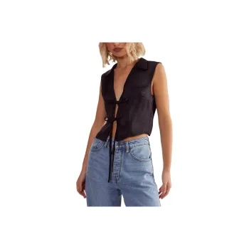 NASTY GAL Textured Satin Tie Front Collared Top Shirt Women's Black