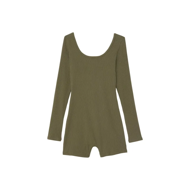 Victoria's Secret PINK Base Cotton Ribbed Long-Sleeve Romper/CNO Bodysuits Women's Casual New Olive-0