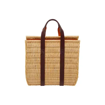 HERMES Wicker With Calfskin Tote Bag, Shopping Bag, Handbag Extra Large Women's Natural & Red Brown