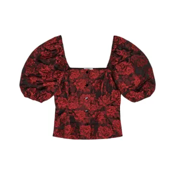 GANNI Allover Floral Printed Puff Sleeved Top