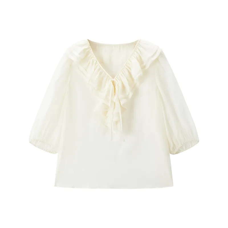 LEDIN Chiffon Shirt Women's Mist White In Stock-0