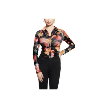 GUESS Shirred Printed Blouse Shirt Women's Black