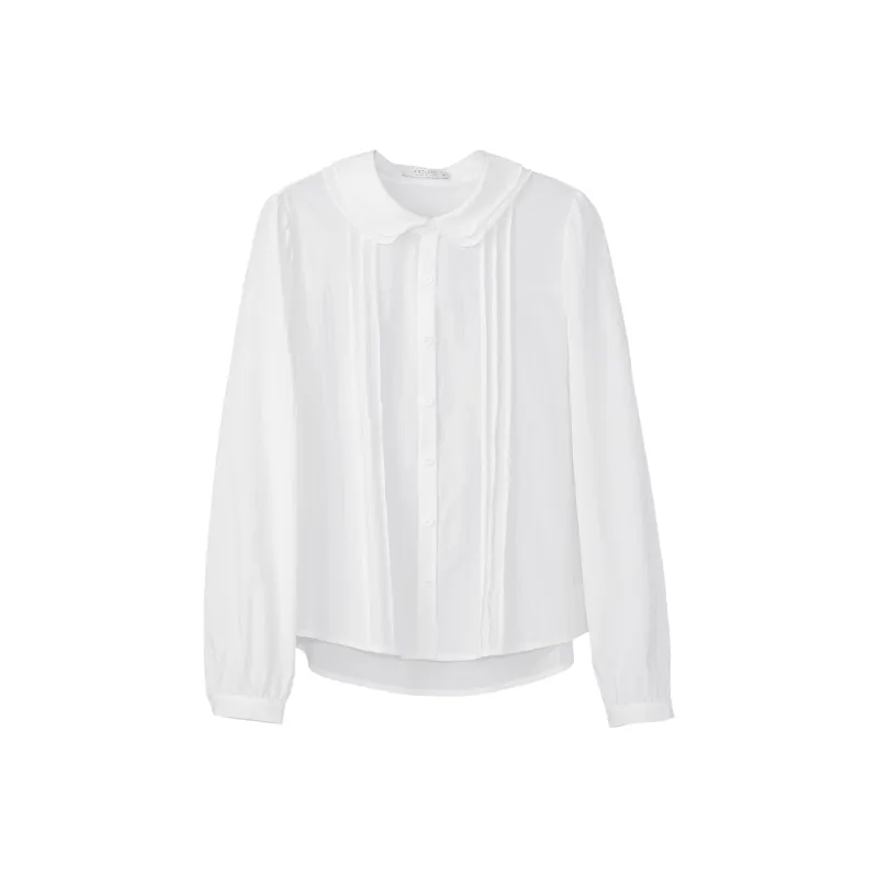 Fstudio Korean Minimalist Style Ruffle Collar Commute Versatile Long Sleeved Shirt Women's White-0