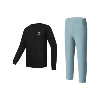 FILA Casual Sportswear Men Clothing Set Black Top+Skylark Blue Pants