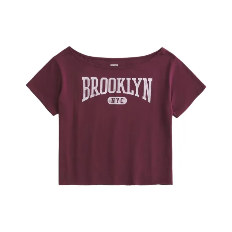 Hollister Drop Shoulder Sleeve T-Shirt Women's Burgundy-0