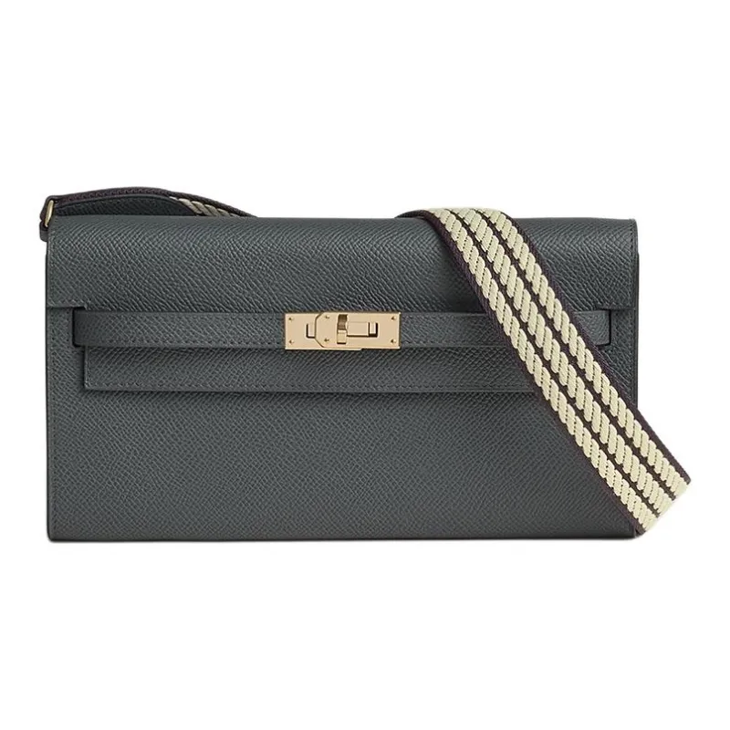 HERMES Kelly To Go Epsom Calfskin With Cordage Canvas Wallet Women's Dusty Gray & Milton Yellow & Dark Reddish Purple-4
