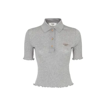 FENDI Scalloped Edge Ribbed Knit Polo Shirt