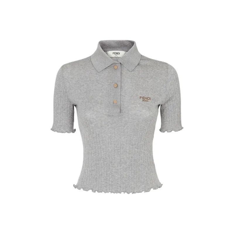 FENDI Scalloped Edge Ribbed Knit Polo Shirt-0