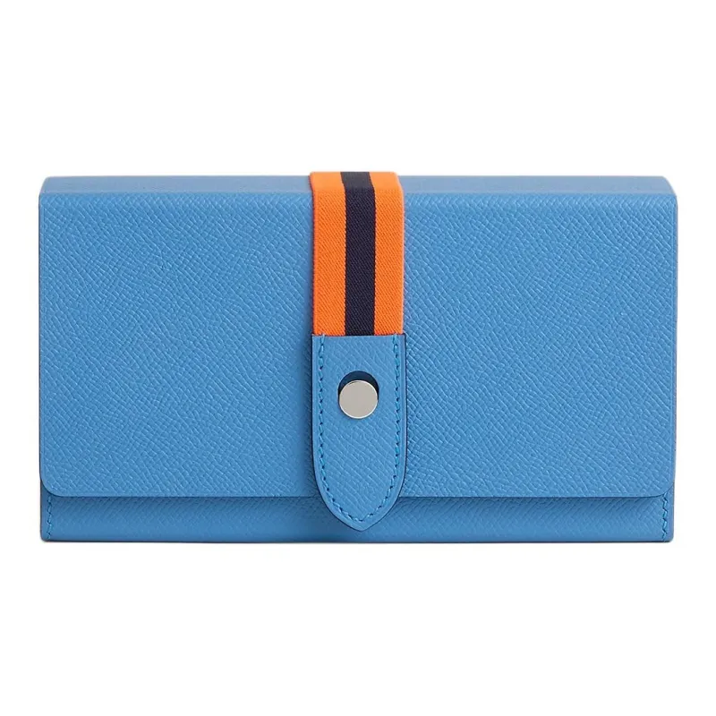 HERMES Calfskin With Crocodile Leather Clutch Women's Blue-0