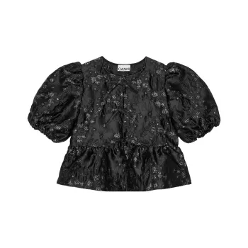 GANNI Jacquard Peplum Blouse Shirt Women's Black