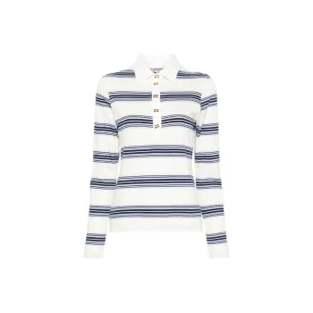 GANNI Striped Long-Sleeved Polo Shirt