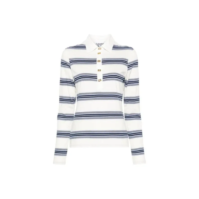 GANNI Striped Long-Sleeved Polo Shirt-0