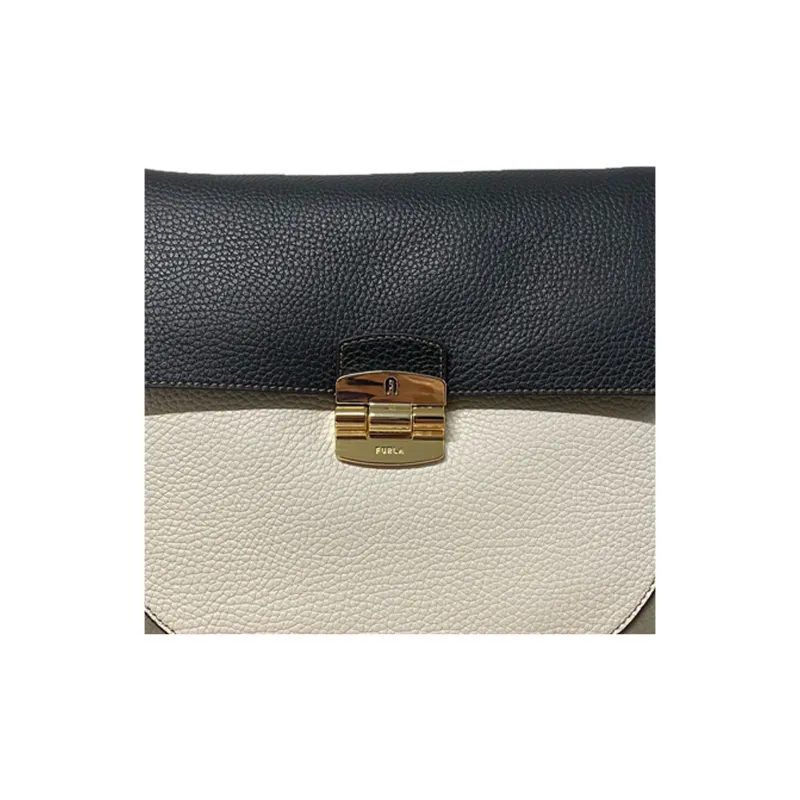 Furla Club 2 Leather Saddle Bag, Crossbody Bag, Shoulder Bag Small Size Women's Black & Beige-4