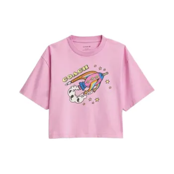 COACH Rocket Print Cropped Short Sleeved Drop Shoulder Sleeve T Shirt Women's Pink