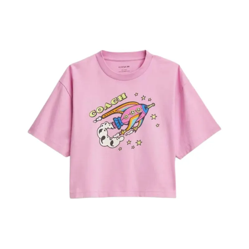 COACH Rocket Print Cropped Short Sleeved Drop Shoulder Sleeve T Shirt Women's Pink-0