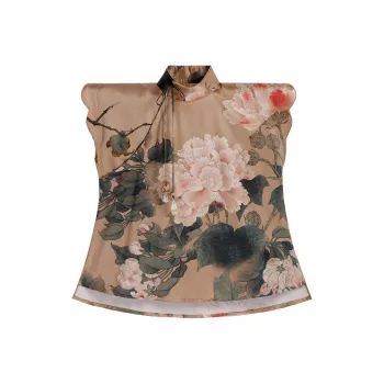 YICHENGFENGXU Shirt Women's Yellow Brown Peony Print Top Silk Satin Dobby