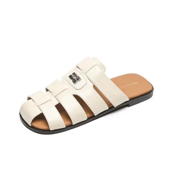 Lan Miao Rubber Sole Cut Out Slip Resistant Closed Toe Slippers Women's Apricot