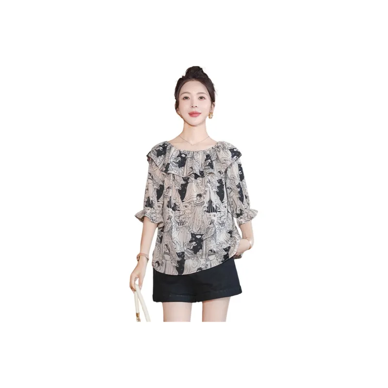 Cypress House Shirt Women's Beige With Black Paintings-1