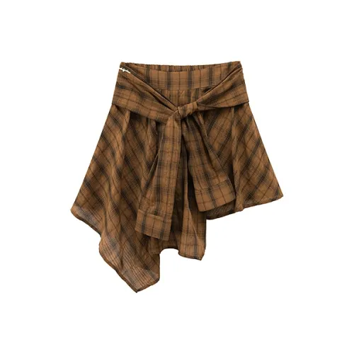 CHUU Casual Short Skirts Women's Coffee Plaid