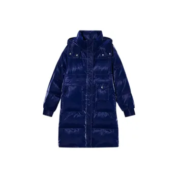 DKNY FW22 Solid Color Detachable Hood Thickened Long Down Jacket Women's Dark Blue