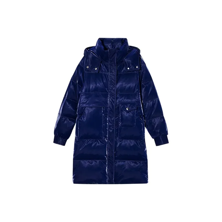 DKNY FW22 Solid Color Detachable Hood Thickened Long Down Jacket Women's Dark Blue-0