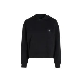 CALVIN KLEIN Cotton Terry Badge Hoodie Sweatshirt Women's Black